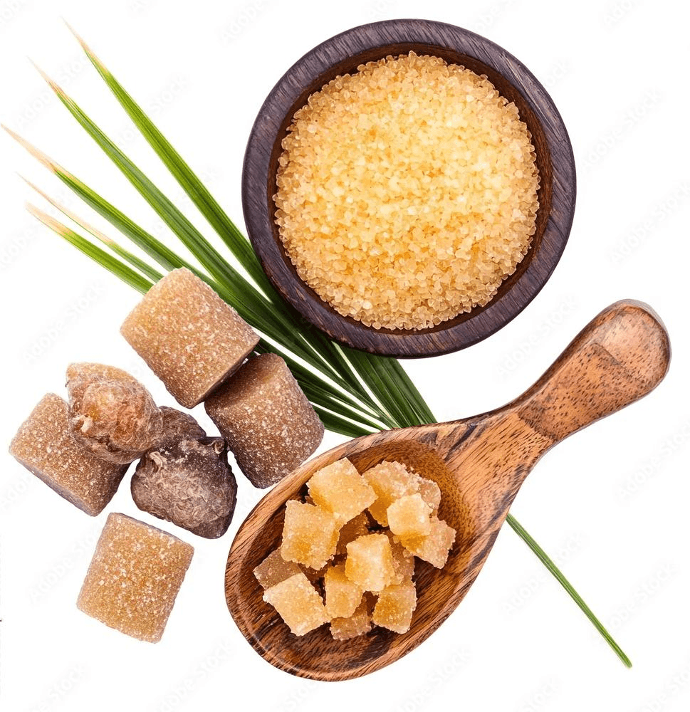 Various sugar products including brown sugar cubes, granulated sugar, and palm sugar